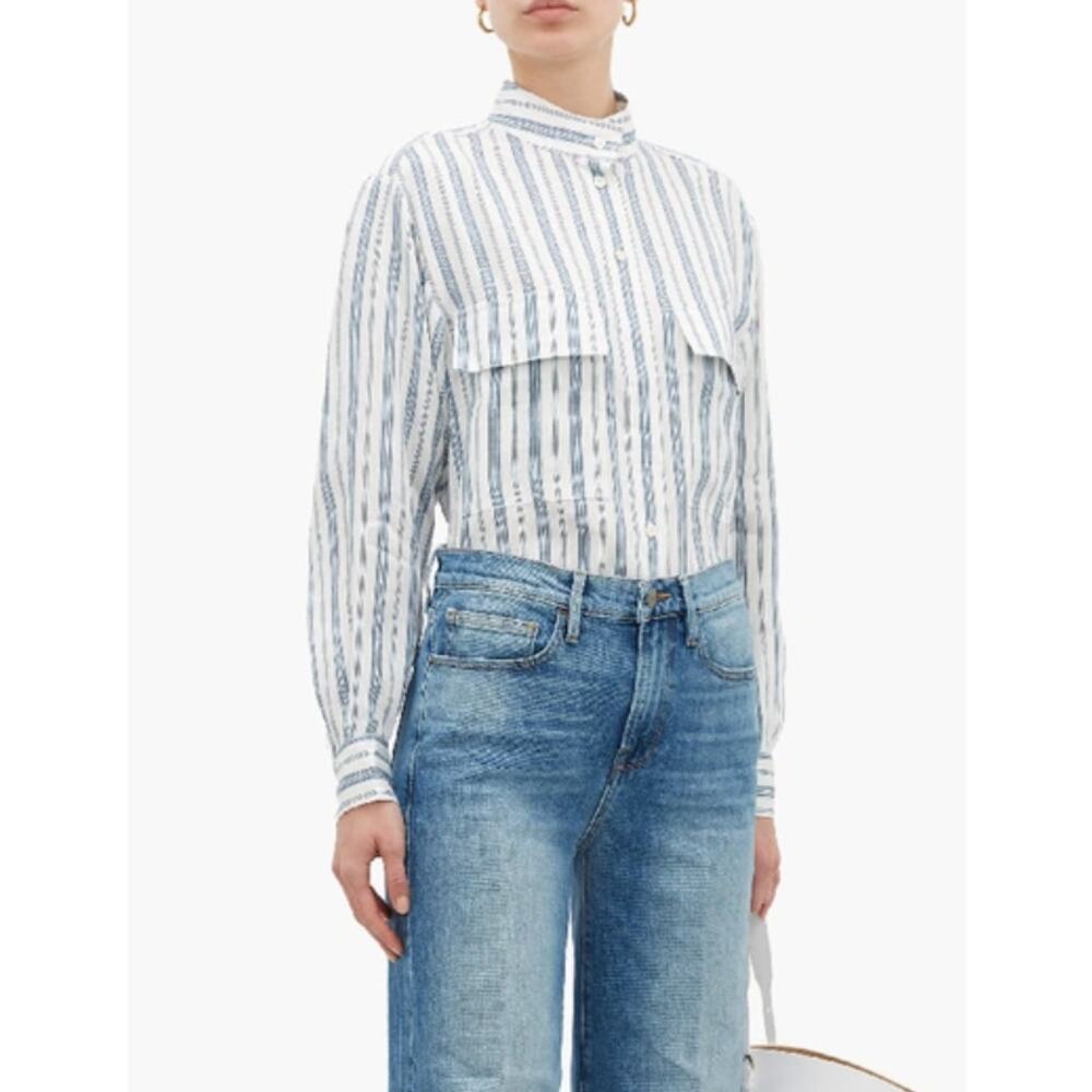FRAME Stand Collar Striped Linen Blend Shirt In Blue XS